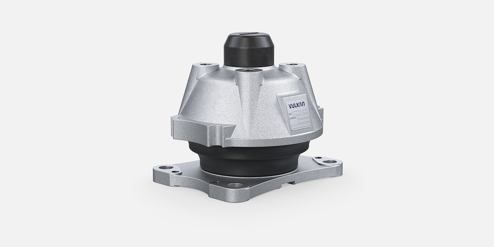 Componente meccanico con involucro metallico argentato e parte superiore cilindrica nera. Anche la base del componente è metallica e presenta quattro fori di fissaggio agli angoli. Sul lato dell'involucro argentato è presente un'etichetta con la scritta “VULKAN”.
