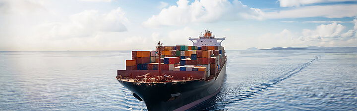 Aerial view of a container cargo ship traveling over open ocean