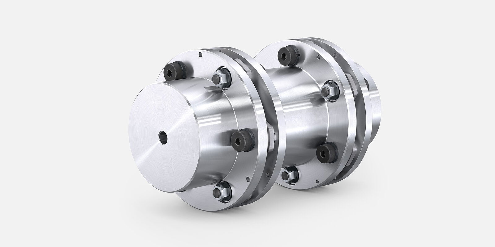 DISCFLEX DNZ-G metallic coupling, cylindrical with two flanged bolted sections and polished finish, on light gray background.