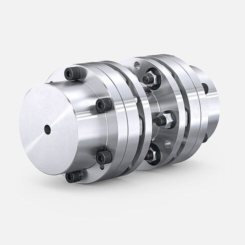 DISCFLEX DNZ-A industrielle Metallkupplung, zylindrisch mit mehreren Bolzen, verbindet rotierende Wellen, auf hellgrauem Hintergrund.