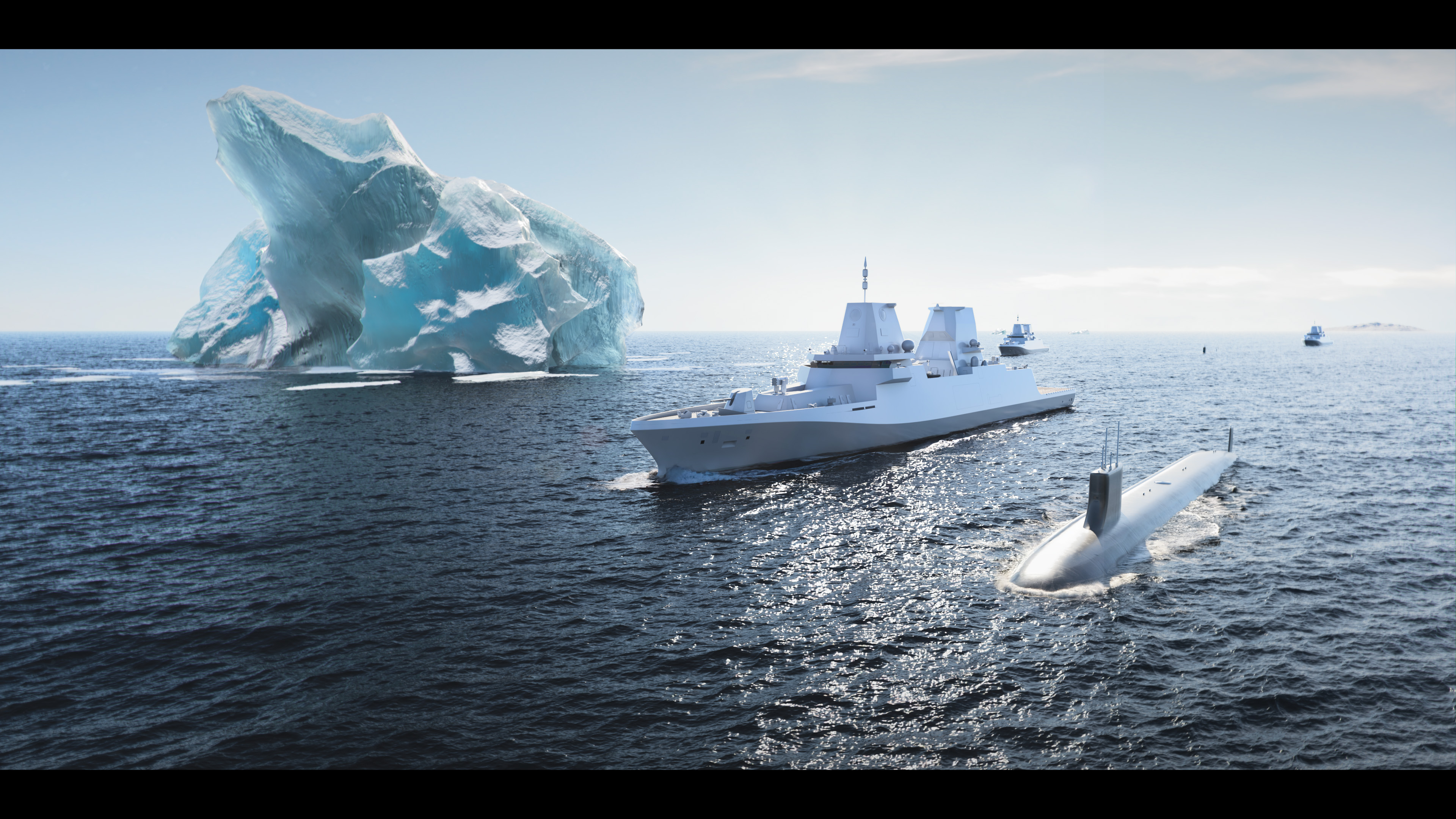 Photo of a large iceberg in the sea, next to it a white ship and a partially visible submarine in the water. The sky is clear, the water surface reflects the light.