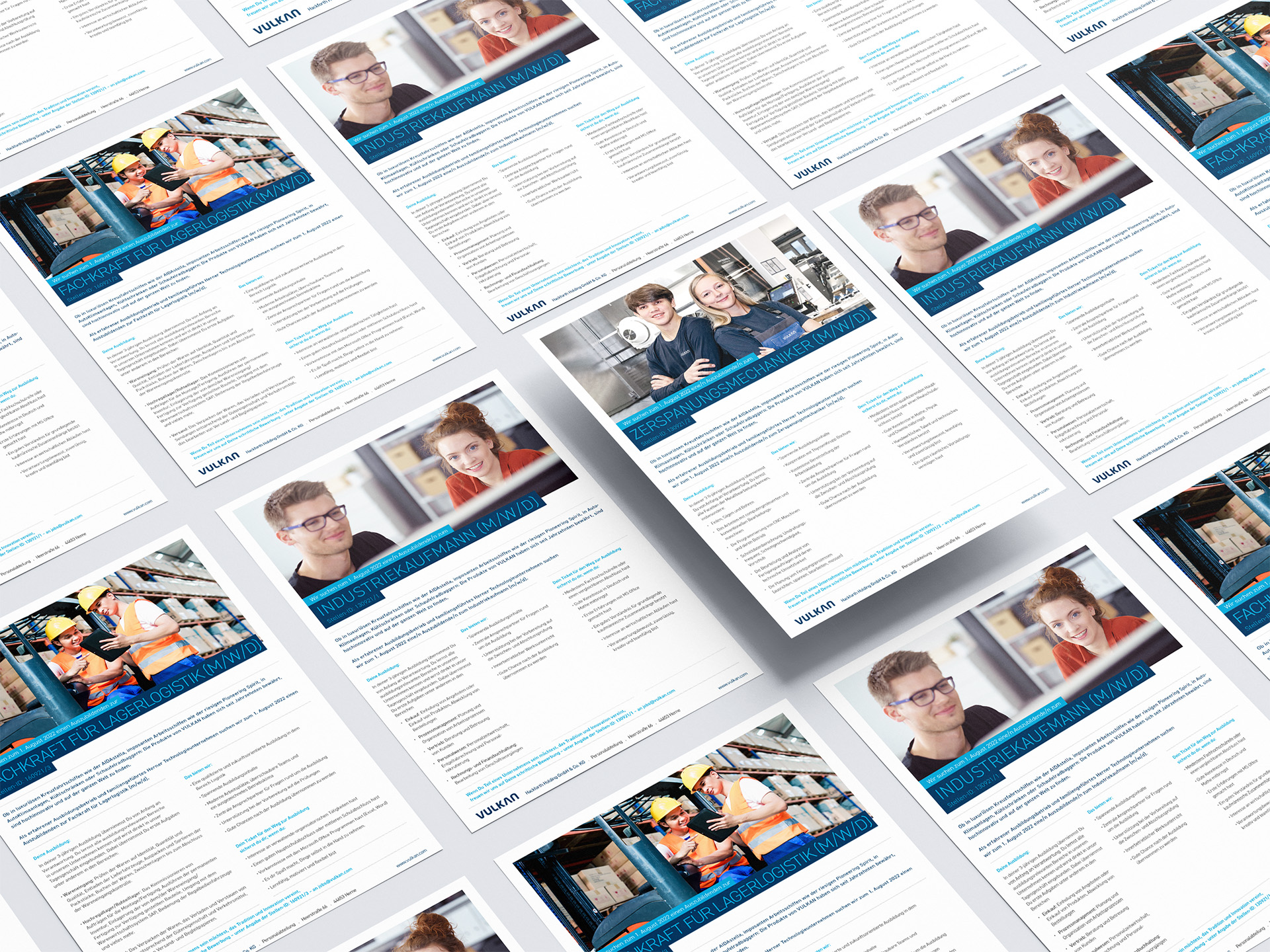 Multiple brochures with images and text laid out in a grid.