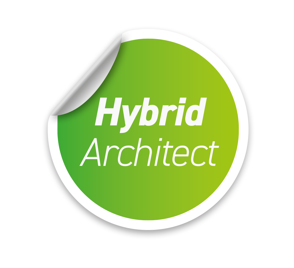 Um adesivo redondo verde e branco com a inscrição “Hybrid Architect”. O canto superior esquerdo do adesivo está ligeiramente dobrado.
