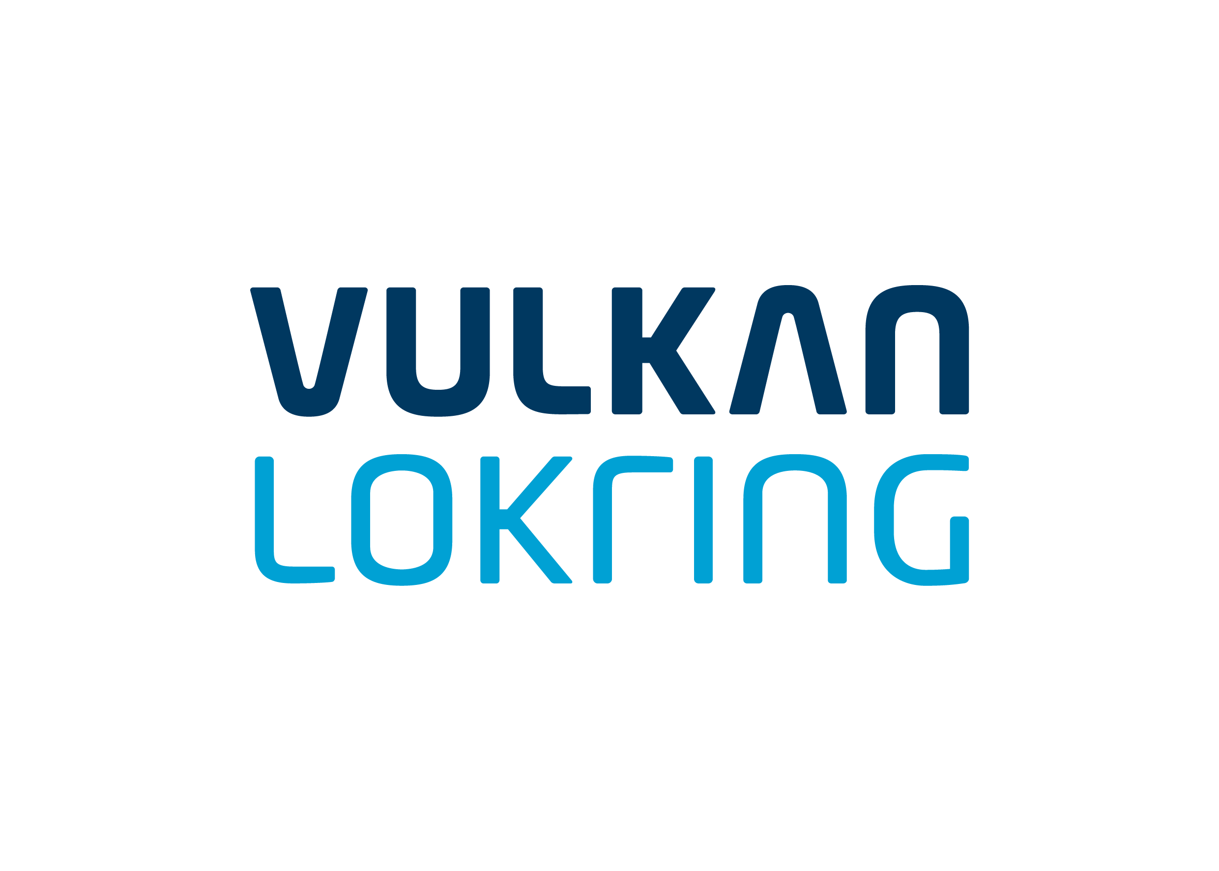 Logotipo com a marca nominativa de duas linhas “VULKAN LOKRING” em letras maiúsculas azuis escuras e claras sobre fundo branco.